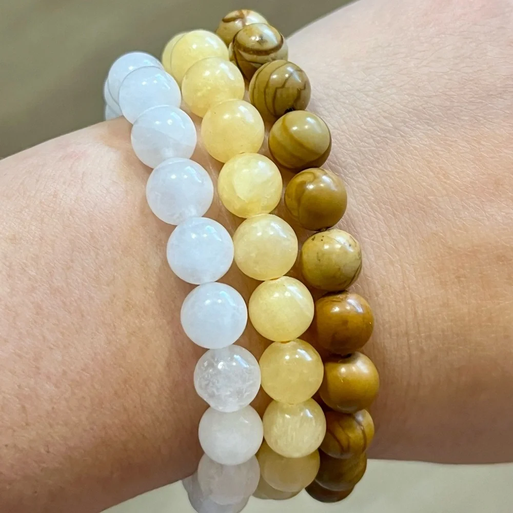 8mm white quartz, yellow‎ aventurine and jasper bracelet set